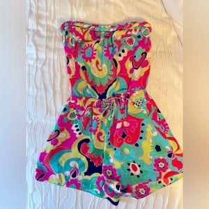 Alice & Trixie printed silk strapless romper with tie waist. Size small.